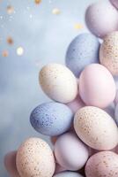A surreal arrangement of floating Easter eggs in soft lavender, deep blue, and gold forms a border against a misty sky filled with twinkling stars, exuding cosmic elegance and otherworldly charm photo