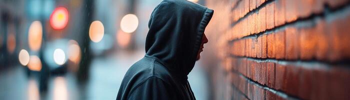 A shadowy figure in a black hoodie stands in the narrow alley, cautiously observing the surroundings. Dim city lights and neon signs reflect off the wet pavement, enhancing the suspenseful atmosphere photo