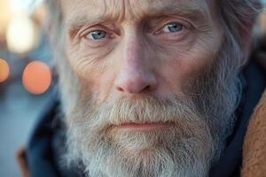 Close-up portrait captures the essence of an elderly homeless man, displaying deep wrinkles and a long beard. His sorrowful yet wise eyes convey a powerful story amidst a blurred city background photo