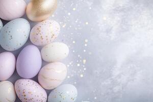 A dreamy arrangement of floating Easter eggs in soft lavender, deep blue, and gold forms a celestial border under a misty sky filled with stars. The central space invites imaginative typography photo