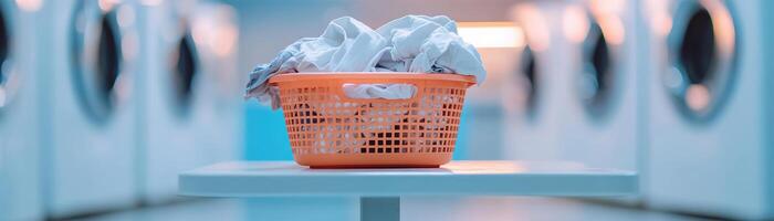 A plastic laundry basket sits lonely on a table in an empty laundromat, filled with crumpled clothes. Flickering lights add to the moody atmosphere of quiet solitude photo