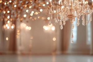 Stunning ballroom features majestic antique chandeliers and golden streamers, enhancing a soft candle-lit glow that sets the perfect backdrop for unforgettable gatherings photo