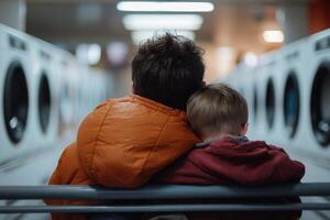 A parent rests on a plastic bench in a laundromat, holding their small child. They wait quietly as clothes tumble and machines hum in the soft-lit room photo