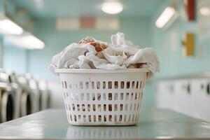 A lonely plastic laundry basket overflows with crumpled clothes on a table in a deserted laundromat. Flickering lights create a moody atmosphere, emphasizing the quiet stillness photo
