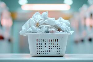Crumpled clothes spill from a worn plastic laundry basket left on a table in an empty laundromat. Flickering overhead light enhances the solitude of this quiet place photo