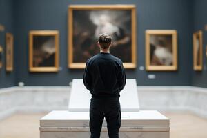 A thief in janitorial attire replaces a valuable painting with a replica in a dark museum, creating a tense atmosphere filled with high-stakes intrigue and meticulous planning photo