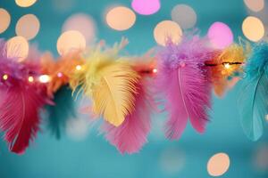 Bright streamers in red, yellow, green, and blue mimic tropical feathers, adding life to a carnival backdrop filled with soft lights and palm tree silhouettes under a cheerful atmosphere photo