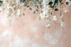 Soft floral streamers adorned with white flowers and green vines hang gracefully, creating a dreamy atmosphere. The open space below invites personalization with text or messages photo