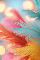 Bright, feather-like streamers in red, yellow, green, and blue capture the essence of a tropical carnival. Soft carnival lights and palm trees enhance the festive spirit, inviting celebration photo