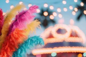 Vibrant, feather-like streamers in bold red, yellow, green, and blue dance in the carnival air, set against a backdrop of twinkling lights and swaying palm trees, embodying joyful celebration photo