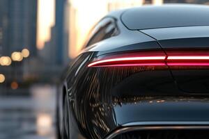 A sleek black sedan is parked in a bustling urban environment at sunset. The car's rear features striking light fixtures that complement the modern architecture and reflective surfaces around photo