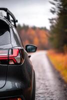 A vehicle is parked near a winding, partially wet road lined with colorful autumn trees. The sky is overcast, hinting at possible rain, creating a serene atmosphere photo