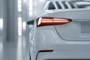 A modern white car is parked in a well-lit indoor area, highlighting its sleek tail light design. The soft ambient lighting creates a sophisticated atmosphere, emphasizing the vehicle's elegance photo