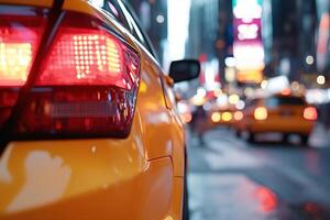 A yellow taxi waits at a busy intersection in Times Square on a rainy evening. The bright city lights reflect off the wet pavement, highlighting the vibrant atmosphere photo