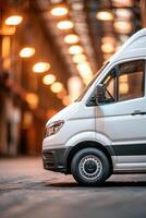 A sleek white van stands parked inside an industrial warehouse, highlighted by warm overhead lights photo
