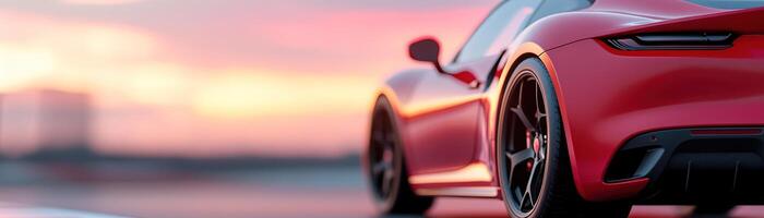A striking red sports car is stationary as the sun sets, casting colorful reflections on its polished surface. The background features soft hues blending in the sky, creating a serene atmosphere photo