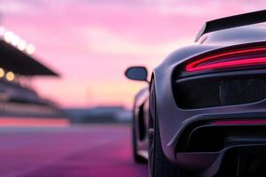 A sleek sports car stands at twilight on a racetrack, highlighting its streamlined design and vibrant tail lights. The setting sun casts a colorful glow over the circuit photo