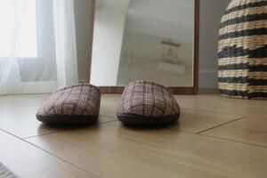 Cozy slippers placed in front of a mirror in a bright room photo