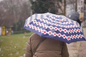 Person holding an umbrella while walking in light snow on a chilly day photo