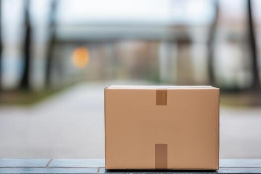 A delivery package sits on a surface with a blurred background of trees and road. photo