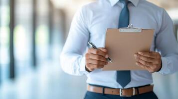 Professional man holding a clipboard in a modern office setting. photo