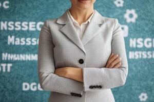 Professional woman in a tweed blazer stands confidently against a textured background. photo