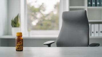 A bottle of pills sits on a desk in an office setting, with a chair and greenery visible in the background, suggesting a focus on health and wellness. photo