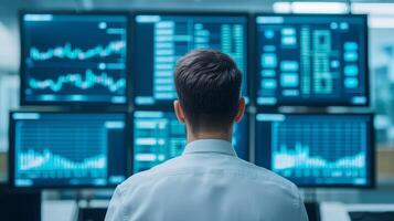 A data analyst monitors multiple screens displaying financial graphs and metrics, focused on analytics in a modern office environment. photo