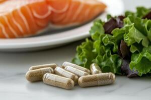 A plate with salmon and fresh salad beside dietary supplements on a marble surface, showcasing healthy eating choices. photo