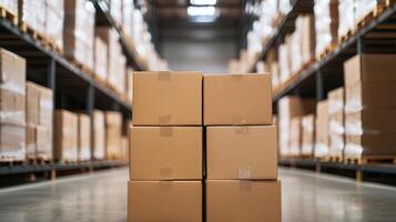 A stack of cardboard boxes in a warehouse aisle, surrounded by shelves filled with more boxes, showcasing organization and storage. photo