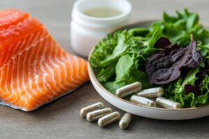 A vibrant display of salmon, fresh greens, and dietary supplements, promoting a healthy lifestyle and balanced nutrition. photo