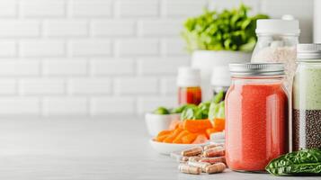 A vibrant display of healthy smoothies, fresh vegetables, and supplements, emphasizing nutrition and wellness in a bright, clean kitchen setting. photo