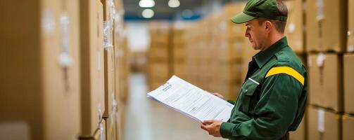 A warehouse worker reviews shipment paperwork while surrounded by stacked boxes, ensuring accurate inventory management and efficient logistics operations. photo