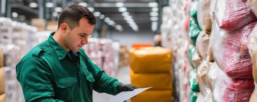 A warehouse worker checks inventory on a clipboard while surrounded by stacked materials in a well-lit storage area. photo