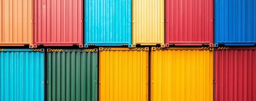 A vibrant arrangement of colorful shipping containers stacked together, showcasing a variety of hues and patterns. photo