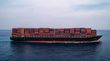 A large cargo ship filled with colorful containers sails through calm blue waters under a clear sky. photo