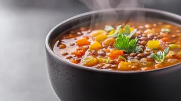 Plant based sustainable and balance concept. A steaming bowl of hearty lentil soup garnished with fresh herbs and vibrant vegetables, offering comfort and nutrition. photo