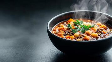 Plant based sustainable and balance concept. A steaming bowl of hearty lentil soup garnished with fresh herbs, set against a dark background, showcasing vibrant colors and textures. photo