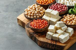 Balance plant based choice concept. A wooden platter displays various legumes, chickpeas, and cubes of white cheese, highlighting a colorful and nutritious selection of plant-based foods. photo