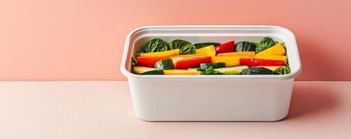 Plant-based ethics concept. A vibrant assortment of fresh vegetables neatly arranged in a white container against a soft pink background. photo