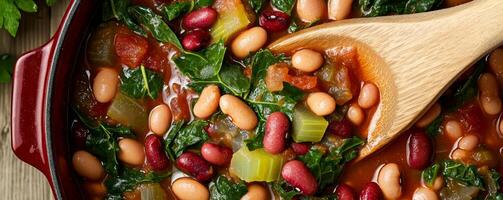 Balance plant based choice concept. A hearty bean soup with colorful vegetables, simmering in a pot, garnished with vibrant greens and served with a wooden spoon. photo