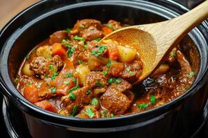 Plant-based ethics concept. A hearty stew with tender meat and vegetables, garnished with fresh herbs, served in a black pot with a wooden spoon. photo