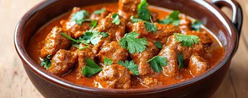 Plant-based ethics concept. A rich, savory meat dish served in a bowl, garnished with fresh cilantro, showcasing a vibrant red sauce. photo