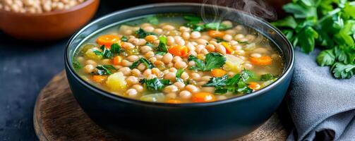 Balance plant based choice concept. A warm bowl of hearty vegetable soup filled with chickpeas, carrots, and greens, perfect for a comforting meal. photo