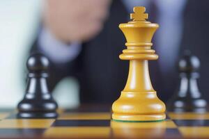 Entrepreneurship success mindset concept. A businessman focuses on a chess game with a prominent golden king piece in view. photo