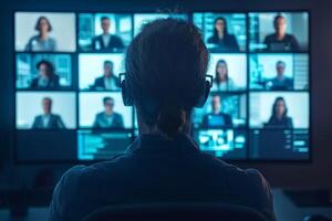 Virtual Teams efficiency concept. Person with headphones observing multiple conference screens in a modern workspace. photo