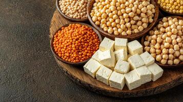 Plant-based protein with eco-friendly concept. Assorted legumes and tofu arranged on a wooden platter against a dark background. photo