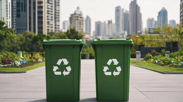 Zero waste lifestyle in community concept. Green recycling bins in a city park with skyscrapers in the background, promoting eco-friendly practices. photo