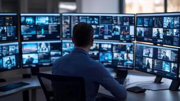 Digital Collaboration coordination concept. A person monitors multiple screens in a high-tech control room setting. photo