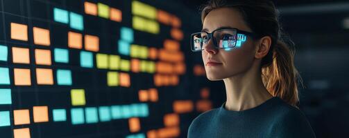 Virtual Teams engagement concept. A woman in glasses looks intently at a colorful digital display, immersed in data analysis. photo